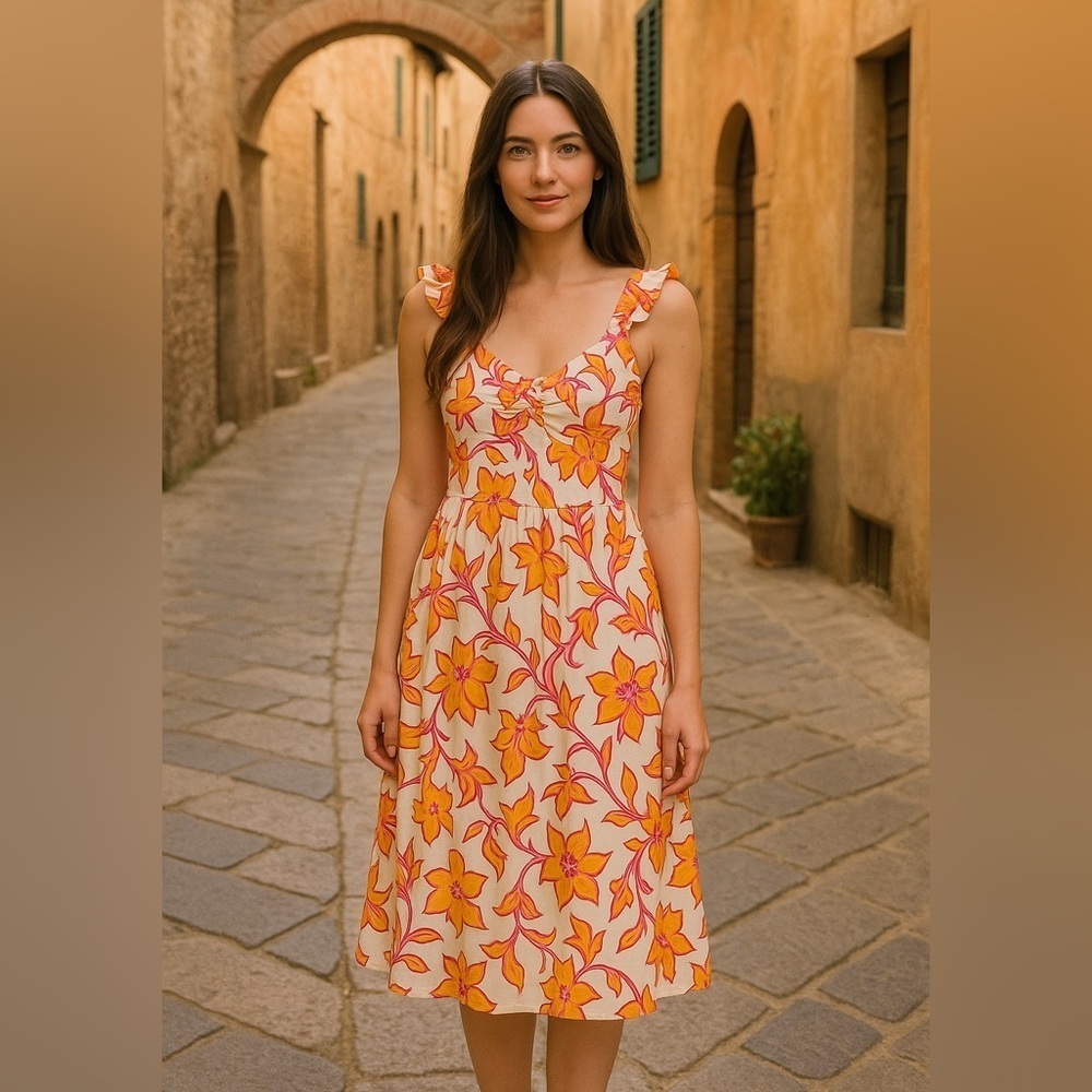 🆕🌞Monteau floral shabby chic dress with ruffle shoulders and tier bottom Xs
